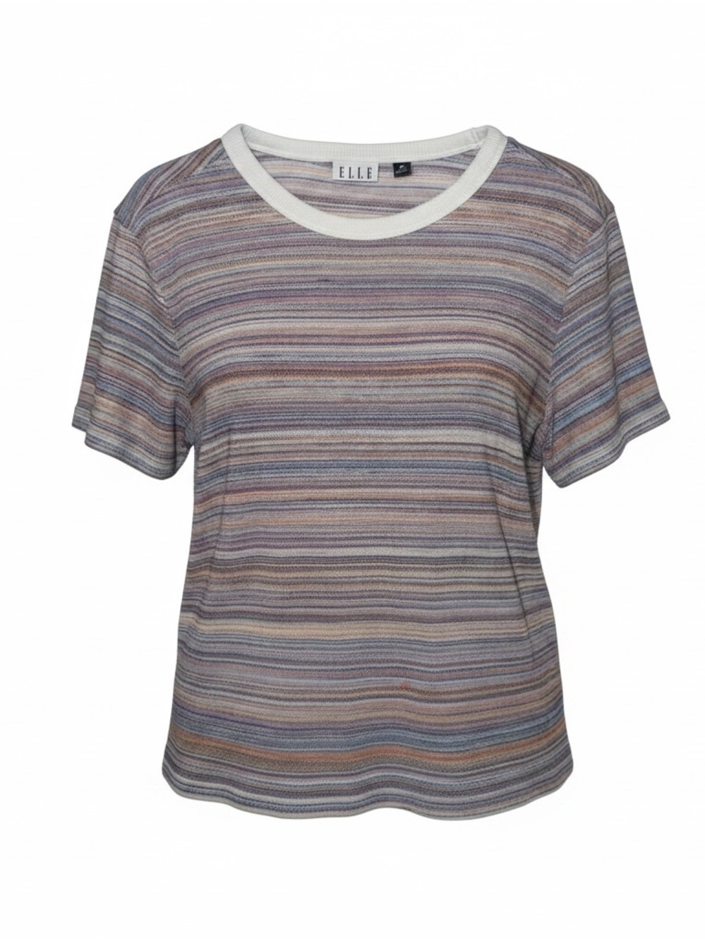 Elle Striped Short-Sleeve Crewneck Top in Lavender, Taupe and White
